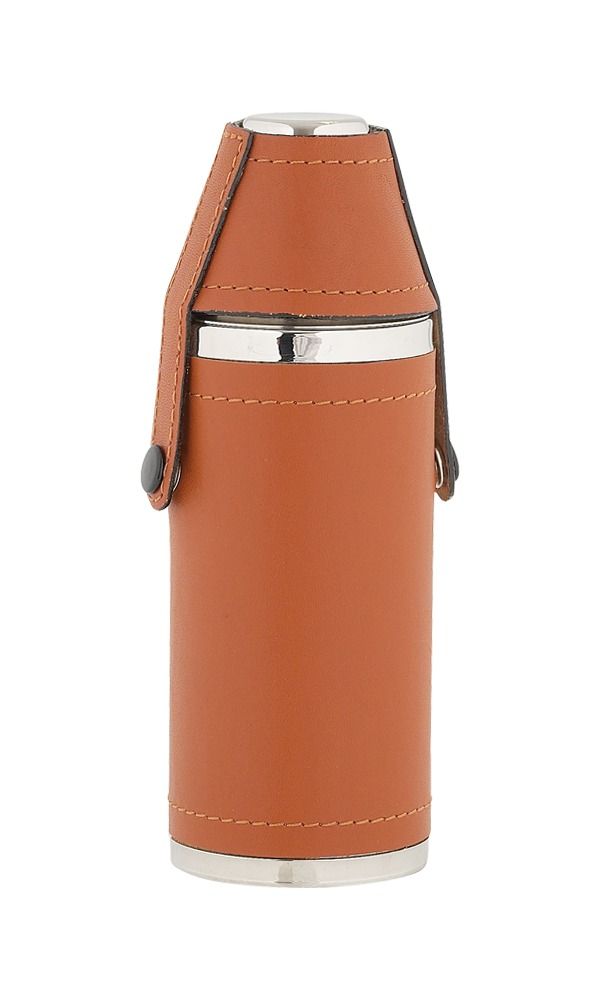 8oz Tan Leather Sportsman Stainless Flask With Cups | Charles Buyers